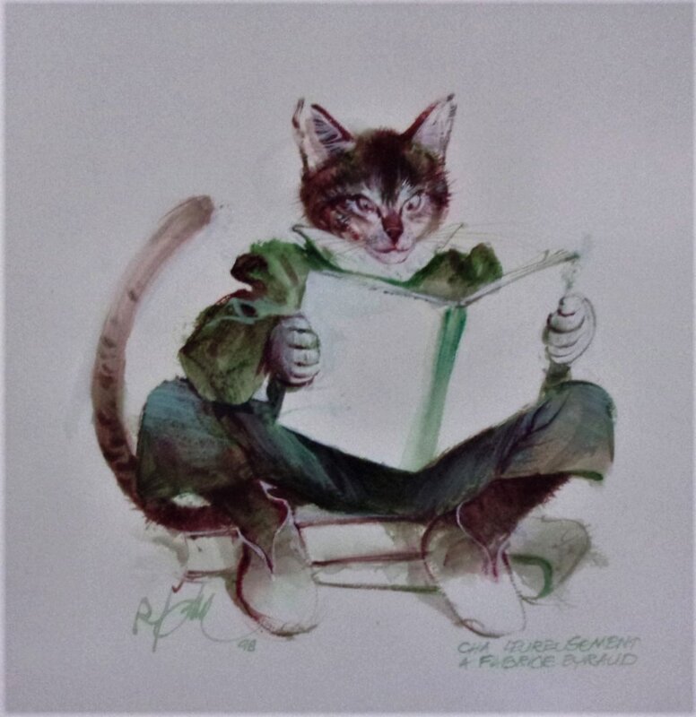 Le chat lecteur par René Follet - Illustration originale