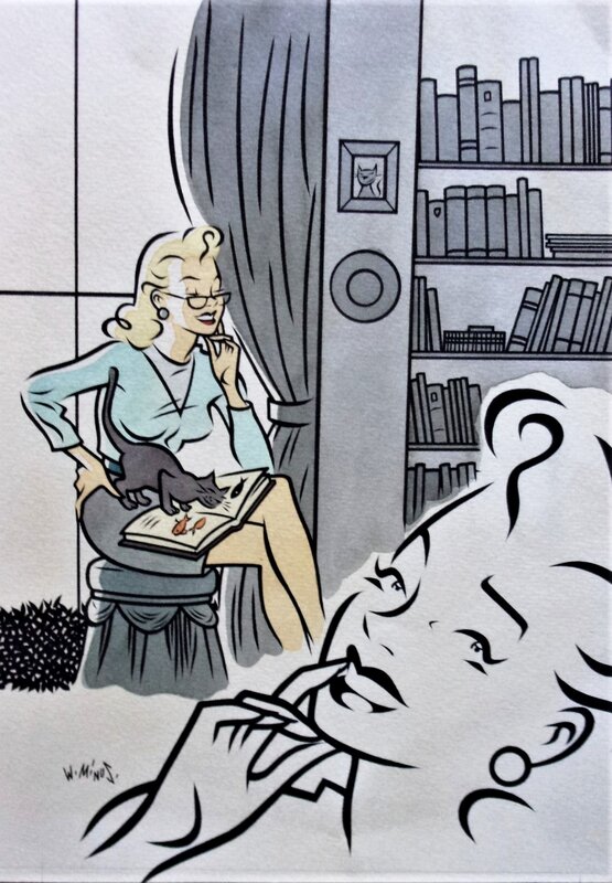 Walter Minus, Femmes dans la bibliothéque - Original Illustration