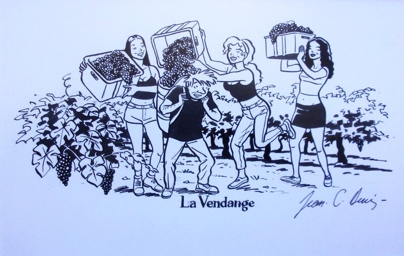 Jean-Claude Denis, Luc Leroi - Etiquette de vins - La vendange - Château Pesquey - Illustration originale