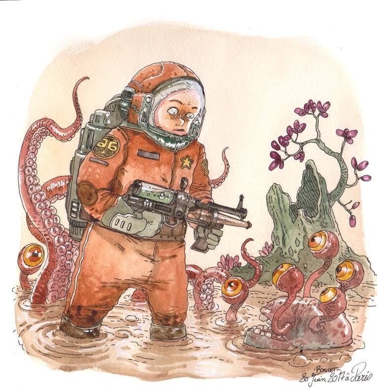 Boulet - Rencontre Spatiale (Premier Contact) - Original Illustration