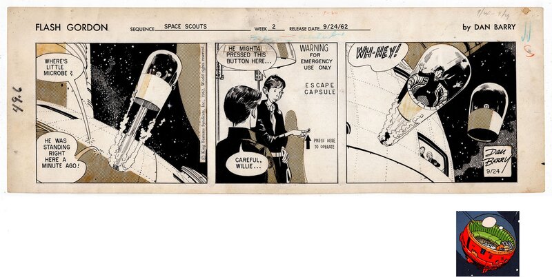 Dan Barry, Flash Gordon Strip du 9/24/62 + case (imprimée) de Moebius - Planche originale