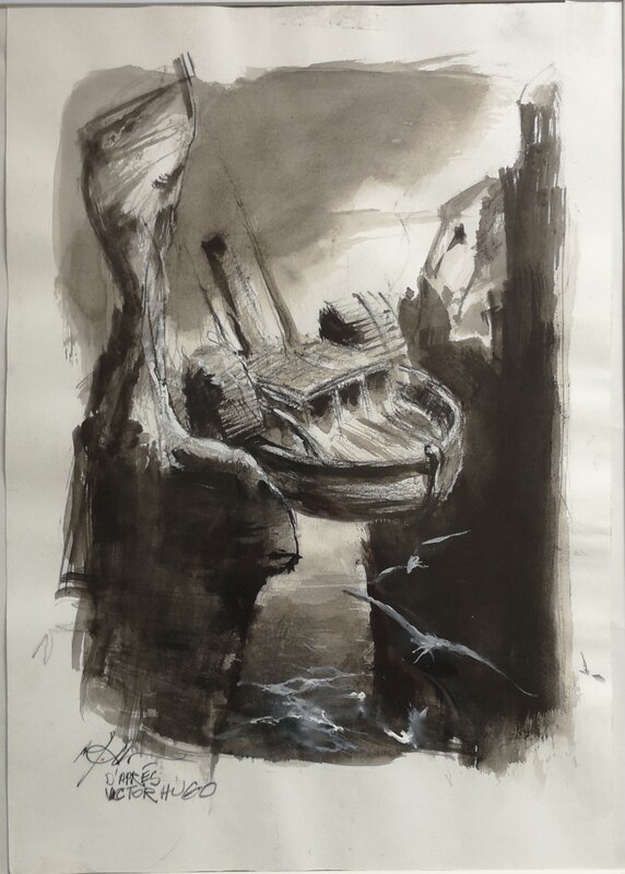 René Follet, Illustration du naufrage de la Durande, d'après Victor Hugo - Illustration originale