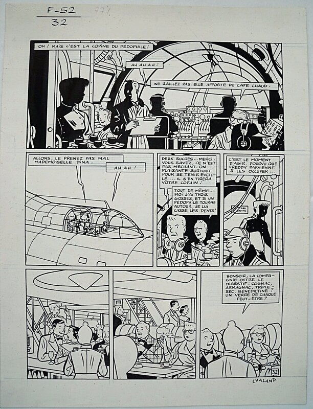 Yves Chaland, Freddy Lombard,p 32,  F-52 (dessin), avec Yann (scénario), Humanoïdes Associés, 1990. - Planche originale