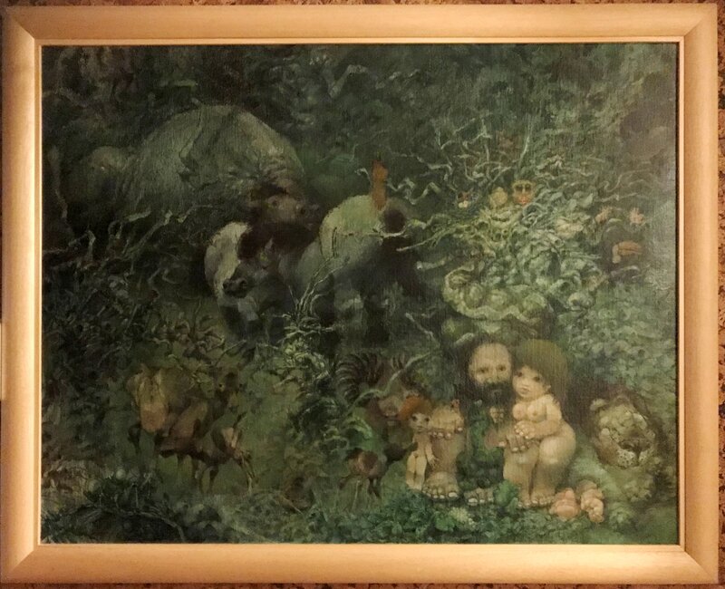Hausman et sa famille aux paradis - grand huile - Illustration originale