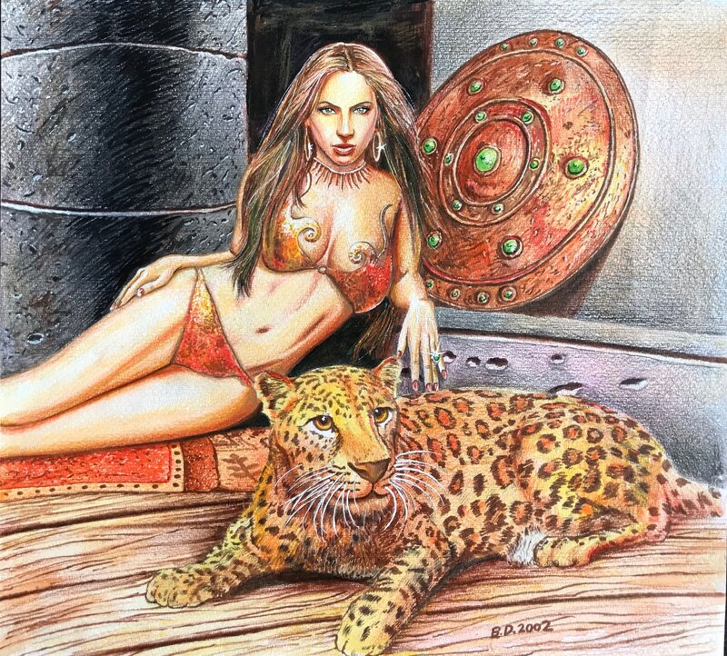Donna con leopardo par Berniamino Delvecchio - Illustration originale
