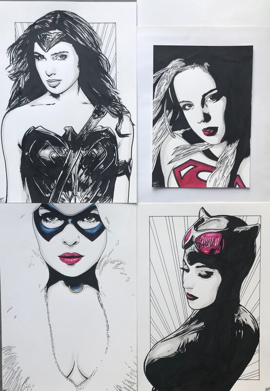 Gary Parkins, Les Héroïnes de DC - Wonder Woman, Supergirl, Black Cat, Catwoman - Illustration originale