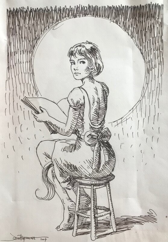 José Roosevelt, Jeune fille assise lisant - Original Illustration