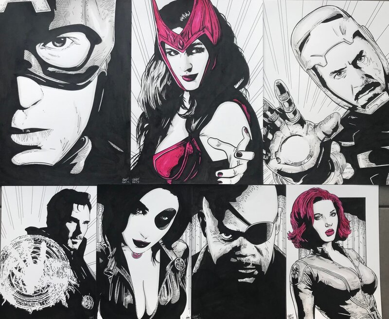 Gary Parkins, The Avengers - Cap America, Sorcière Rouge, Iron Man, Dr Strange, Domino, Fury - Illustration originale