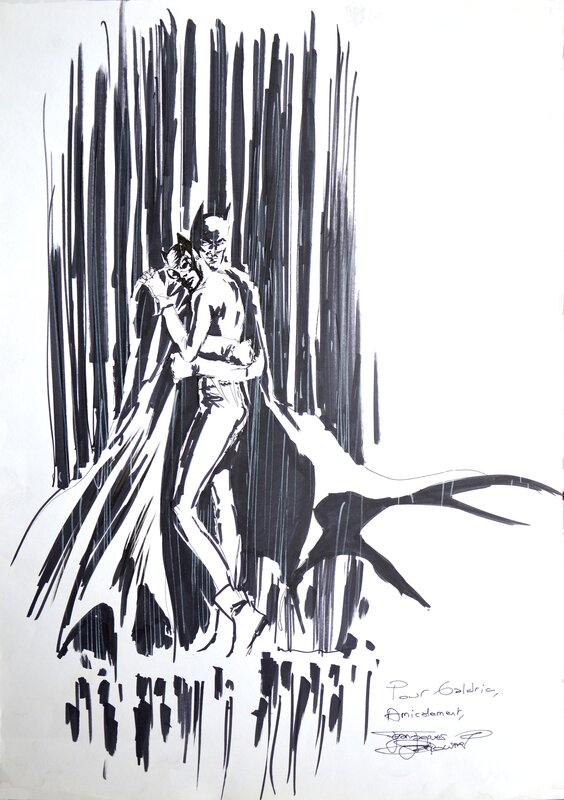 Jean-Jacques Dzialowski, Batman et Catwoman enlacés sous la pluie - Illustration originale