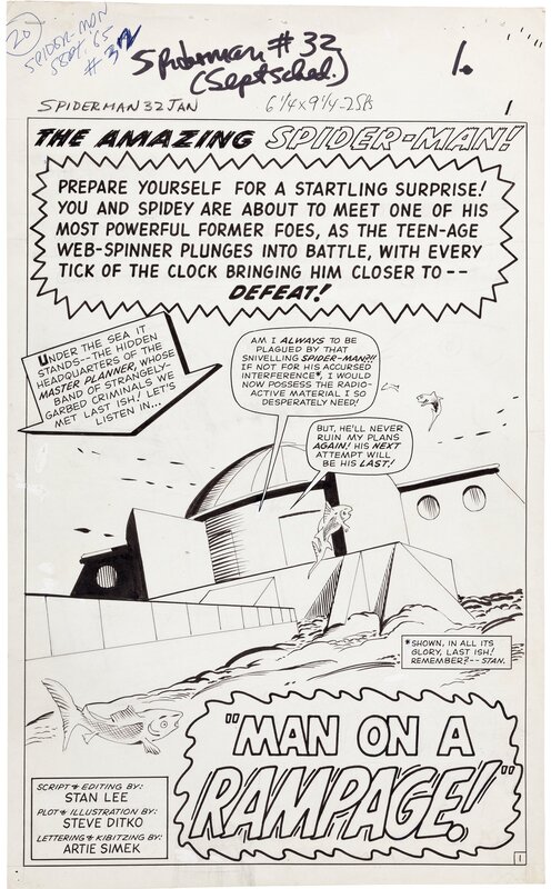 Steve Ditko, The Amazing Spider-Man # 32 splash page - Planche originale