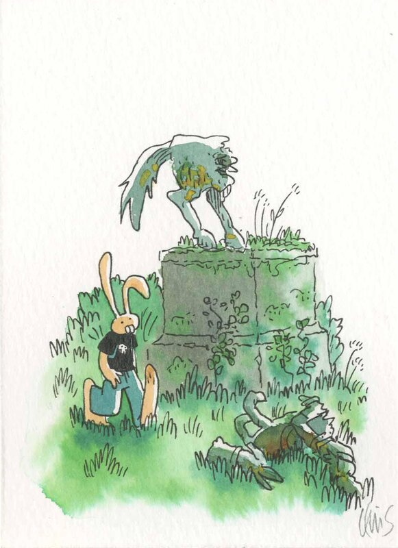 Lewis Trondheim, Mini herbes folles - Lapinot et la statue - Original Illustration