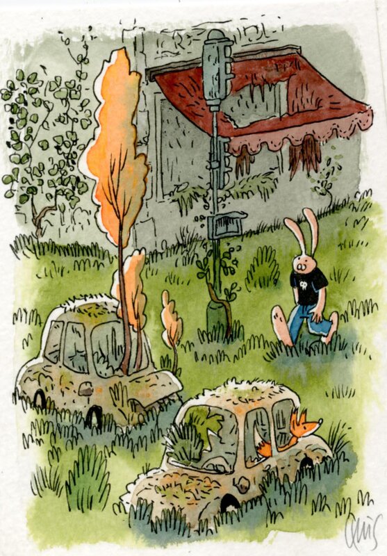 Lewis Trondheim, Mini herbes folles - Lapinot et le renard - Illustration originale