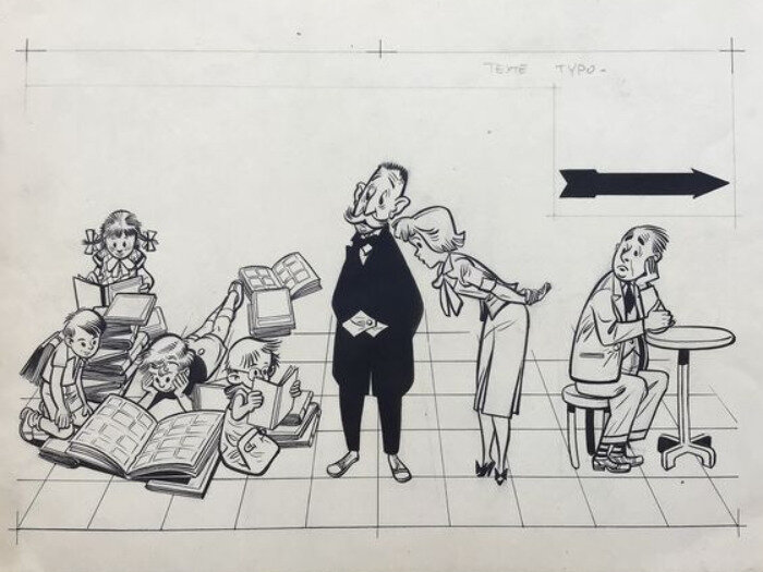 Eddy Paape, Jean-Michel Charlier, « Quand ils sont plongés dans les beaux albums du Journal de Spirou [...] ... », 1964. - Illustration originale