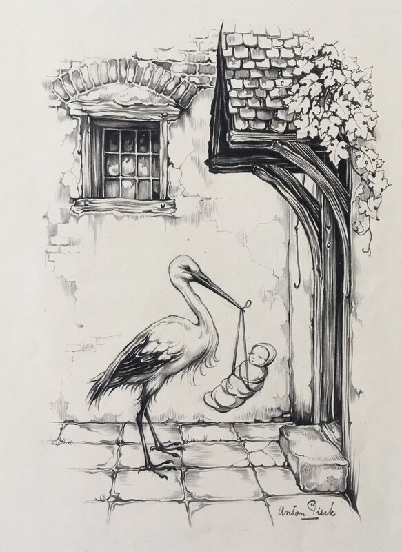 Anton Pieck, Geboortekaart Ooievaar - Original Illustration