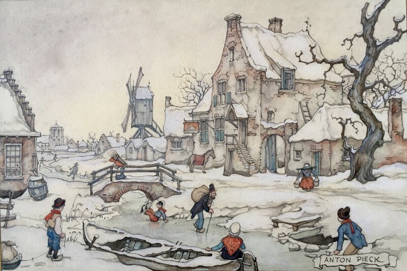Anton Pieck, Hollands sneeuwlandschap - Original Illustration