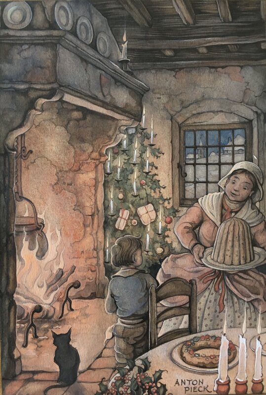 Anton Pieck, Kerst bij de open haard - Illustration originale