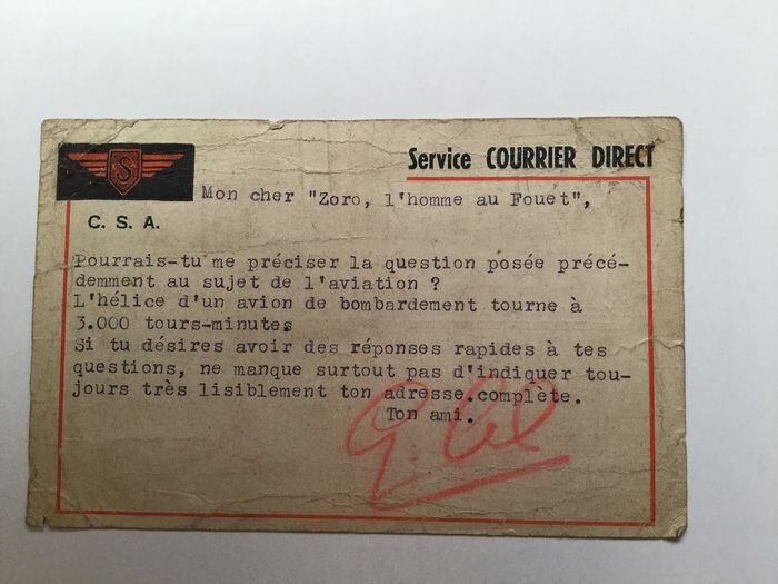 Jean Doisy, Rob-Vel, 05 b / Année 1943 / Carte du C.S.A. Club Spirou Aviation, signée par Jean DOISY. - Original art