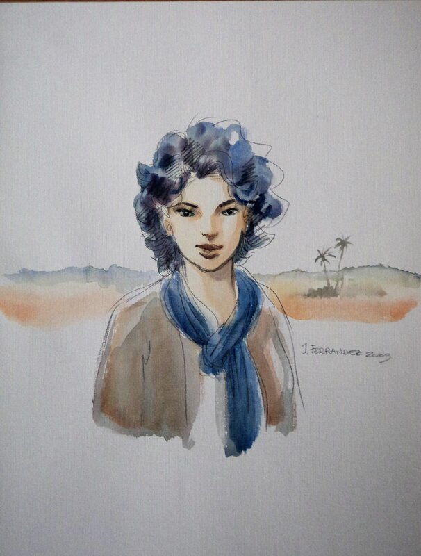 Jacques Ferrandez, Femme au foulard bleu - Original Illustration