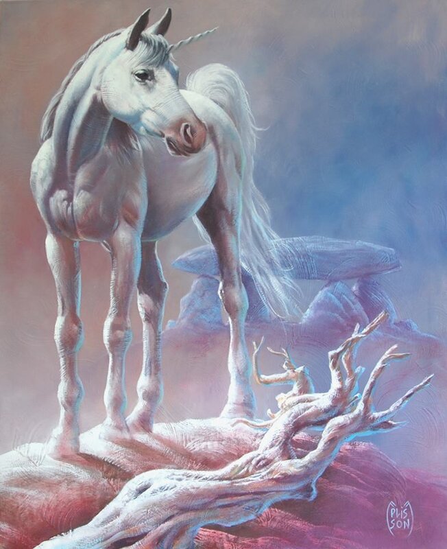 En vente - François Plisson, La licorne au dolmen - Illustration originale