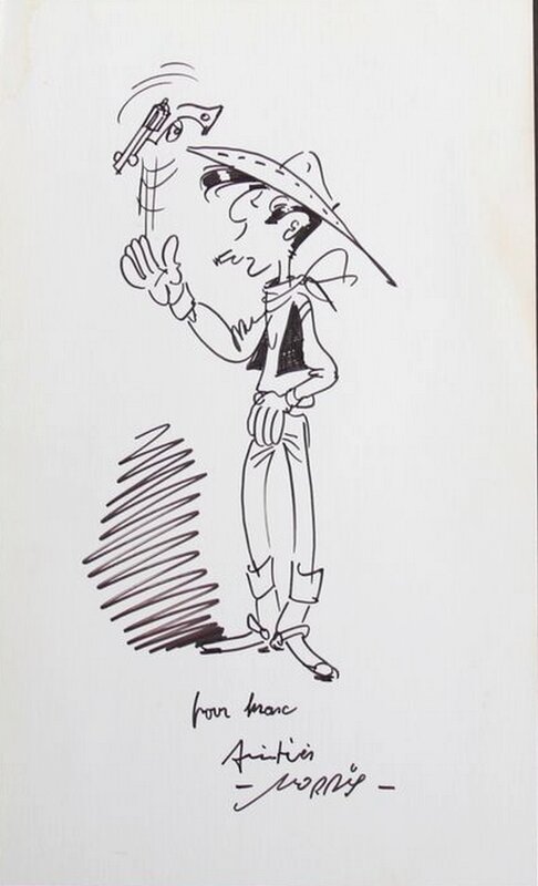Morris, Lucky Luke jonglant avec son revolver - Dédicace
