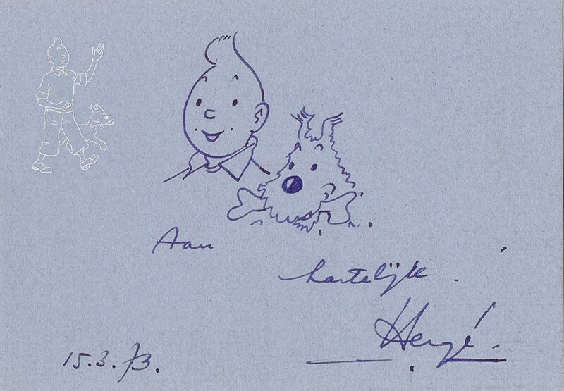 Hergé, Kuifje dedicace op kaartje van studio Herge - naam verwijderd - nom masqué - Dédicace