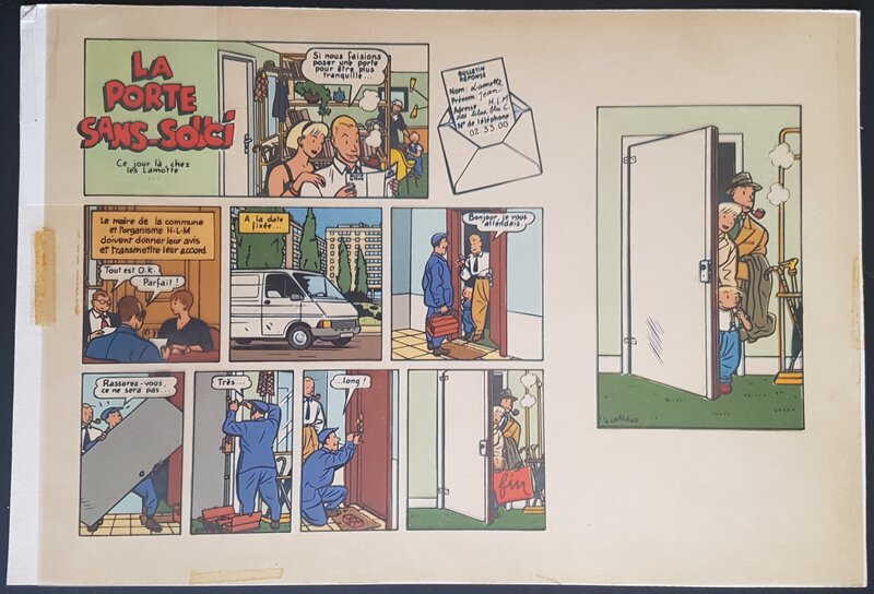 Yves Chaland, Publicité Fichet, la porte sans soucis, mise en couleurs de la planche - Comic Strip