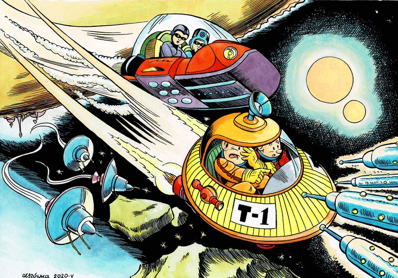Wojtek Olszówka, Kajtek i Koko in Space - Eta and Naam - Illustration originale