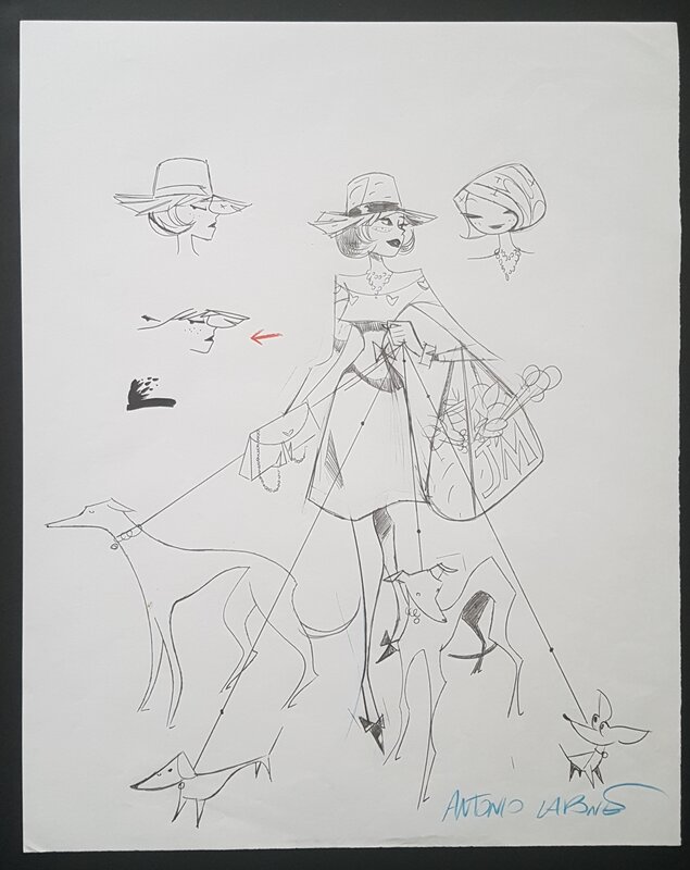Antonio Lapone, Lady aux chiens - illustration - crayonne - Original Illustration