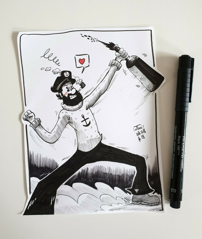 En vente - oTTami, Dessin original de l'Inktober 2018 : Capitaine Haddock - Illustration originale