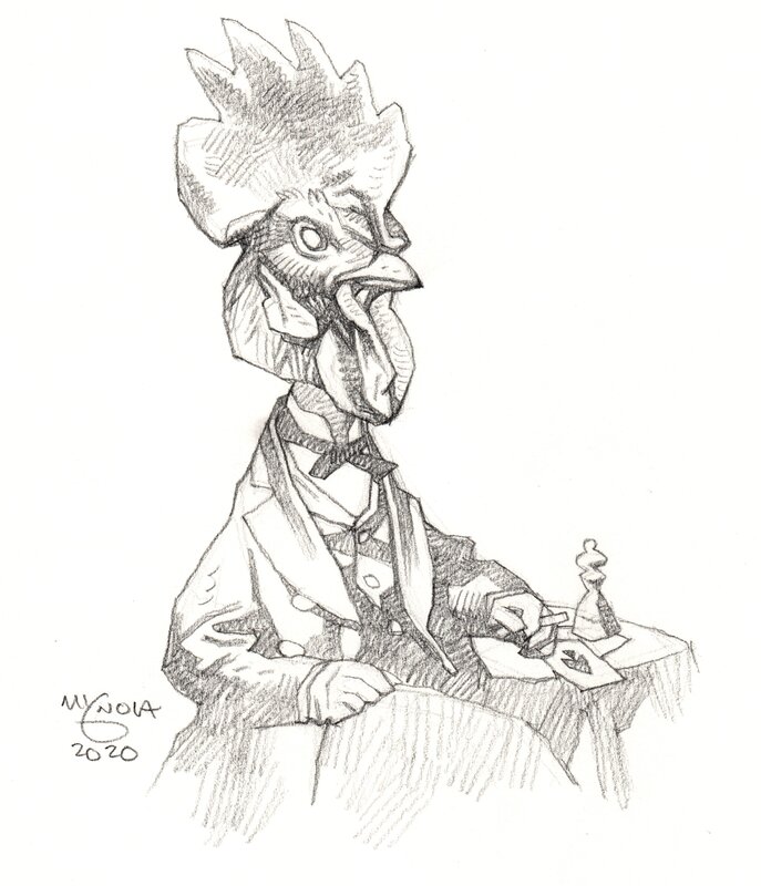 Mike Mignola, Coq dandy jouant aux cartes et aux échecs - Illustration originale