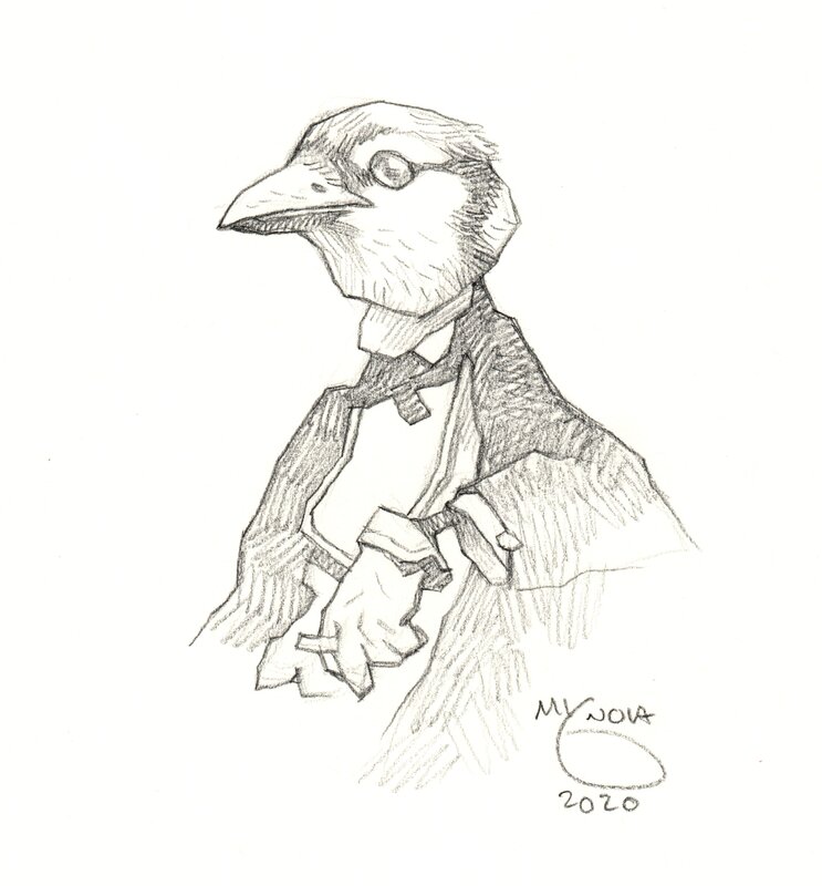 Mike Mignola, Oiseau dandy fumant une cigarette - Original Illustration