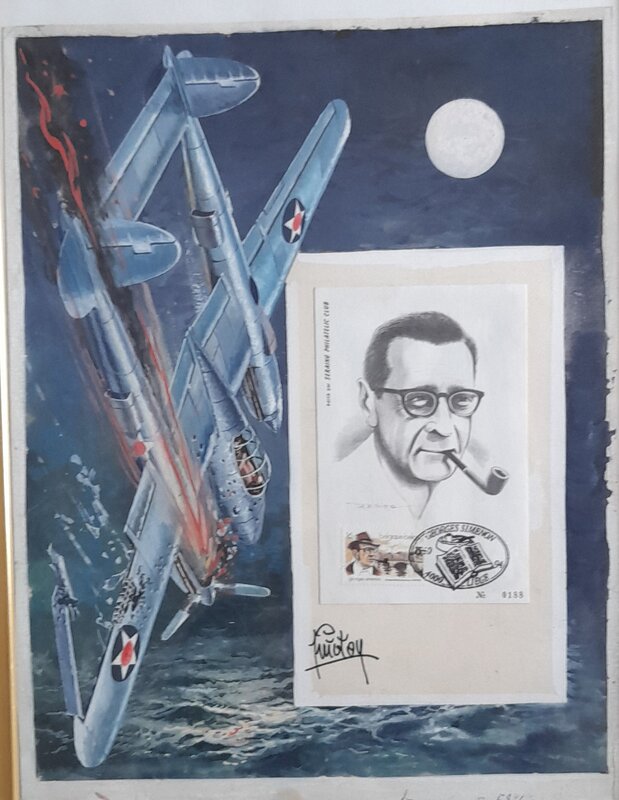 Arthur Piroton, P38 - Lightning en flammes au-dessus de la mer - Original Illustration