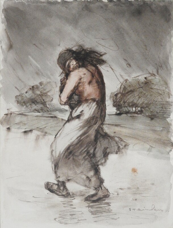 Théophile Alexandre Steinlen, Mère et son enfant sous la pluie - La bourrasque - Original Illustration