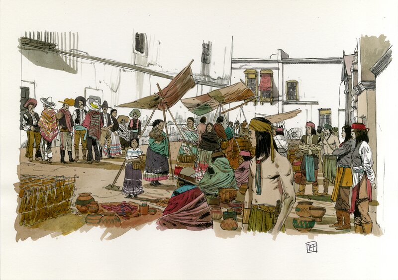 Artistes Indiens Qui Marchent Sur Les Braises En vente - Illustration originale « Marché indien » Géronimo par Jef