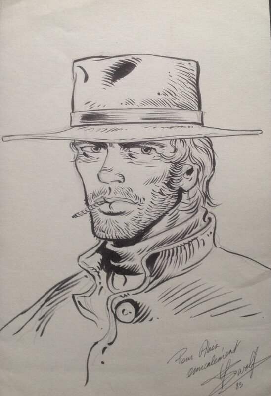 Dédicace Dessin Original Yves Swolfs Cow Boy Durango , Superbe Portrait Dessin sur Bleu DURANGO 1983 - Sketch