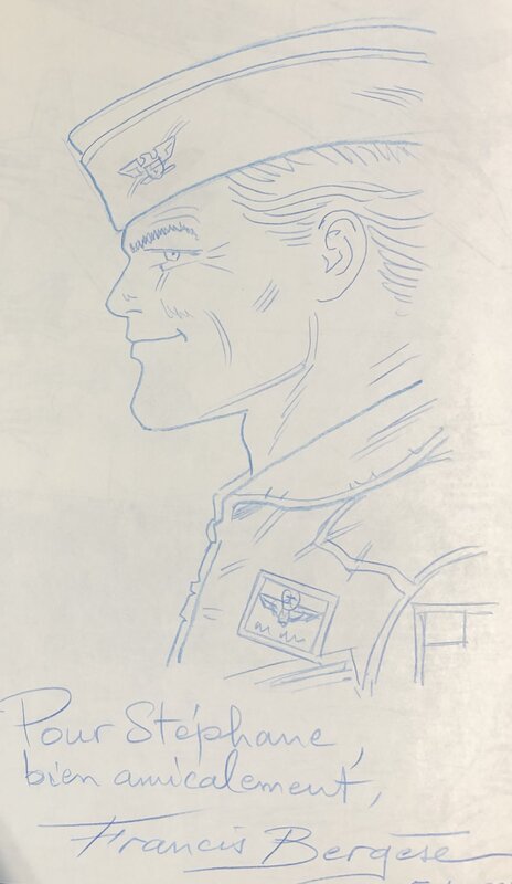 Dédicace de Bergèse au crayon bleu pour Buck Danny - Sketch