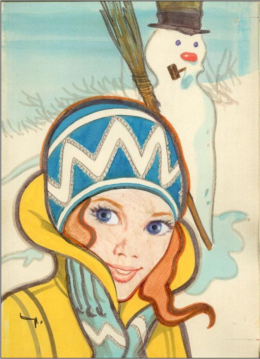 Gigi Portrait Jeune Fille de 15 Ans et Bonhomme de Neige , Peinture Originale Signée - Illustration originale