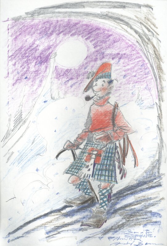Dédicace de Mic Mac Adam en pied dans un décor montagneux par André Benn - Sketch