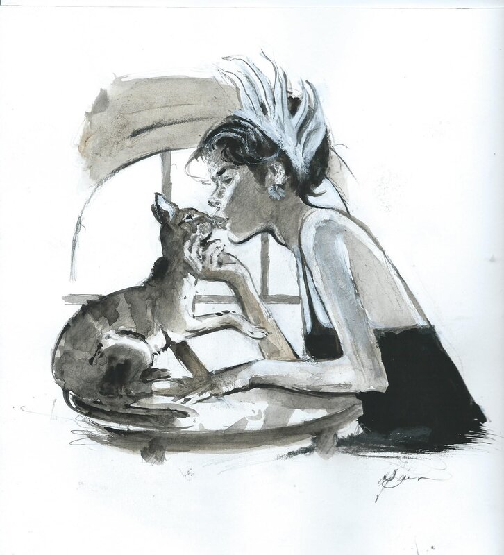 Fille au chat par René Follet - Illustration originale