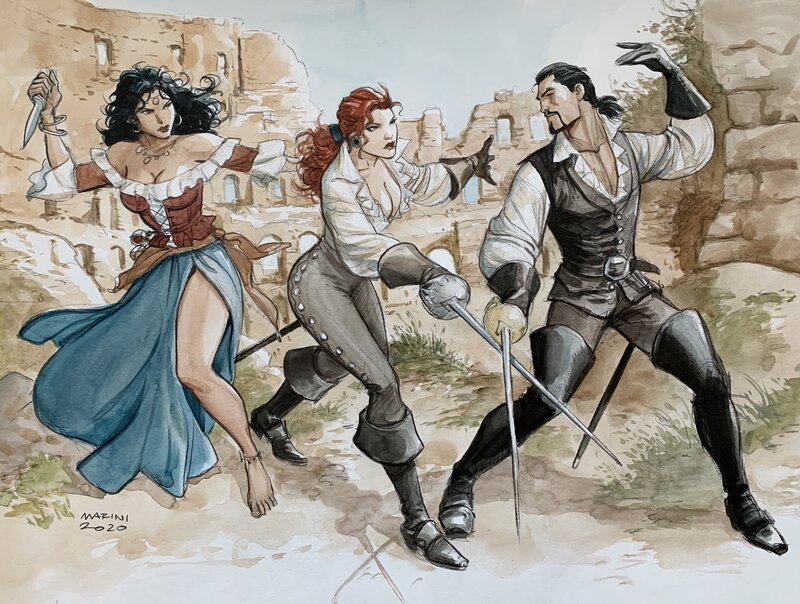 Enrico Marini, Illustration Originale : Combat de Mejaï, Anséa et du Scorpion dans les ruines - Illustration originale