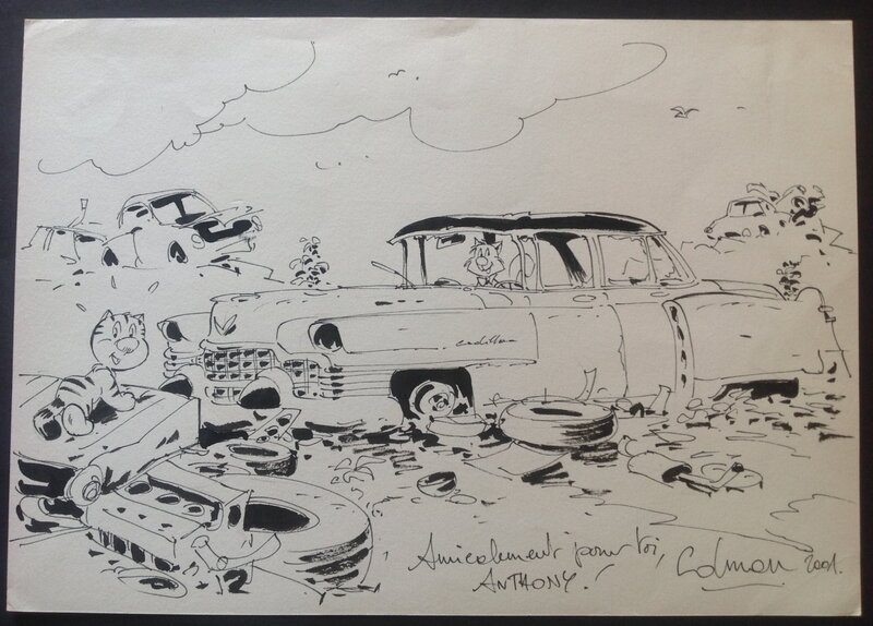 Stéphane Colman, Dessin original de Billy the cat et Monsieur Hubert dans le Cadillac - Illustration originale