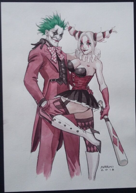 Enrico Marini, Batman - illustration Joker & Harley Quinn A4 - Original Illustration