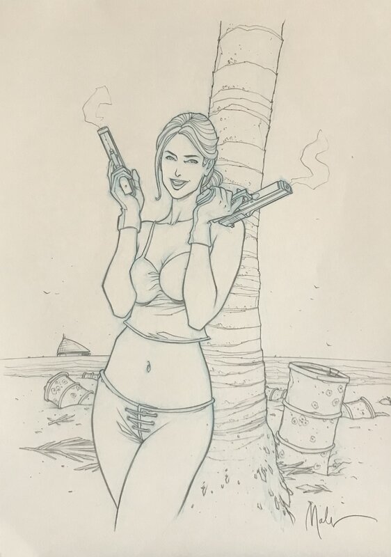 Amber à la plage par Nicolas Malfin - Illustration originale