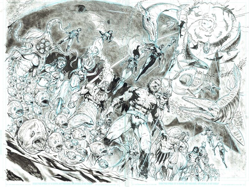 Miguel Mendonça, Aquaman #65 Double Page Splash JLA Team - Planche originale