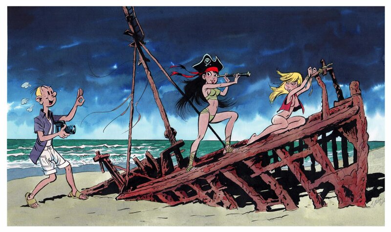 En vente - Fabrice Tarrin, Fantasio et les pirates - Illustration originale