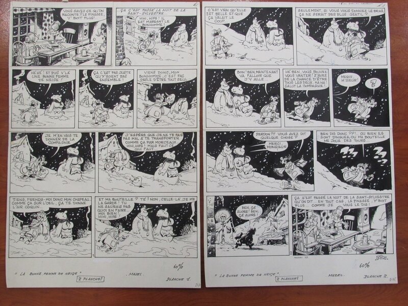 En vente - Mazel, La bonne femme de neige - Diptyque de 2 planches - Planche originale