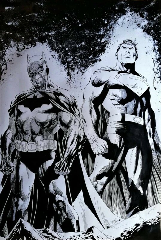Shifty Seth, Batman et Superman - très grand dessin - Illustration originale