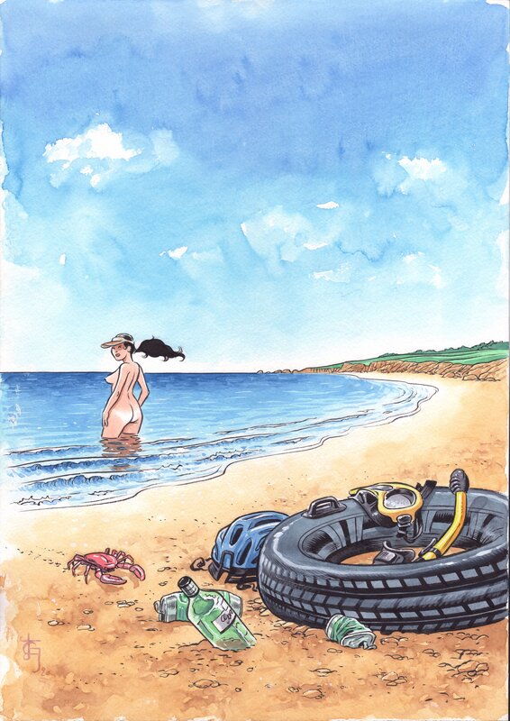 En vente - Olaf Boccère, Clémentine à la plage, couverture de l'album - Illustration originale