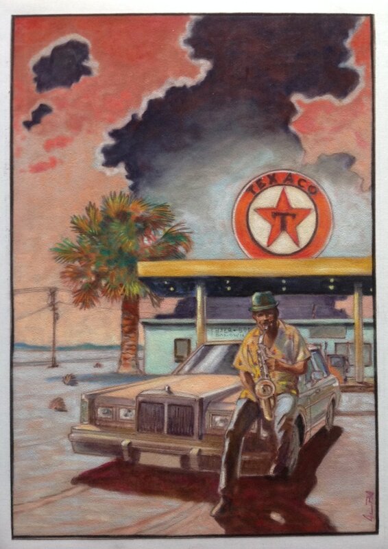 En vente - Alba Le Saxophoniste , Saxo Texaco . illustration Originale en Couleur Directe - Illustration originale