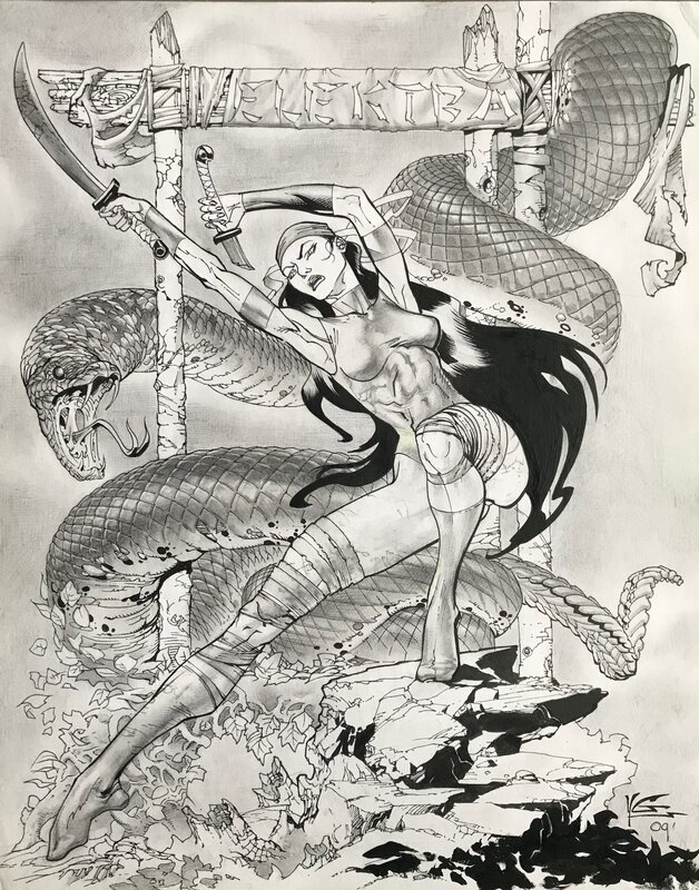 Yvel Guichet, Elektra and giant mamba - Original Illustration